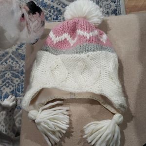Pink, gray, white, knitted beanie